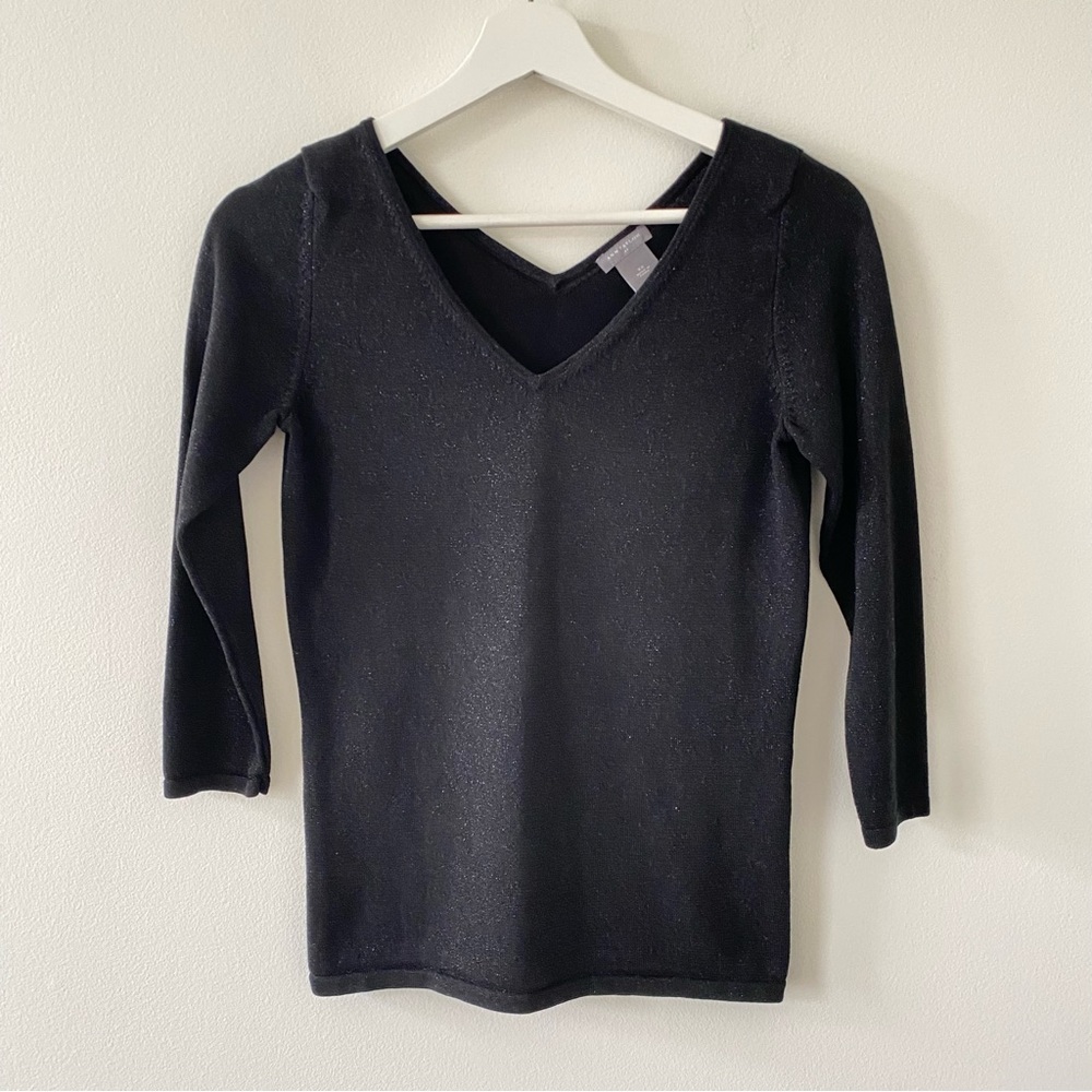 Ann Taylor Factory Women’s Black Silver Metallic 3/4 Sleeve V-neck